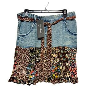 Mixed-Media Floral Midi Skirt - Blue Denim & Multicolor Floral